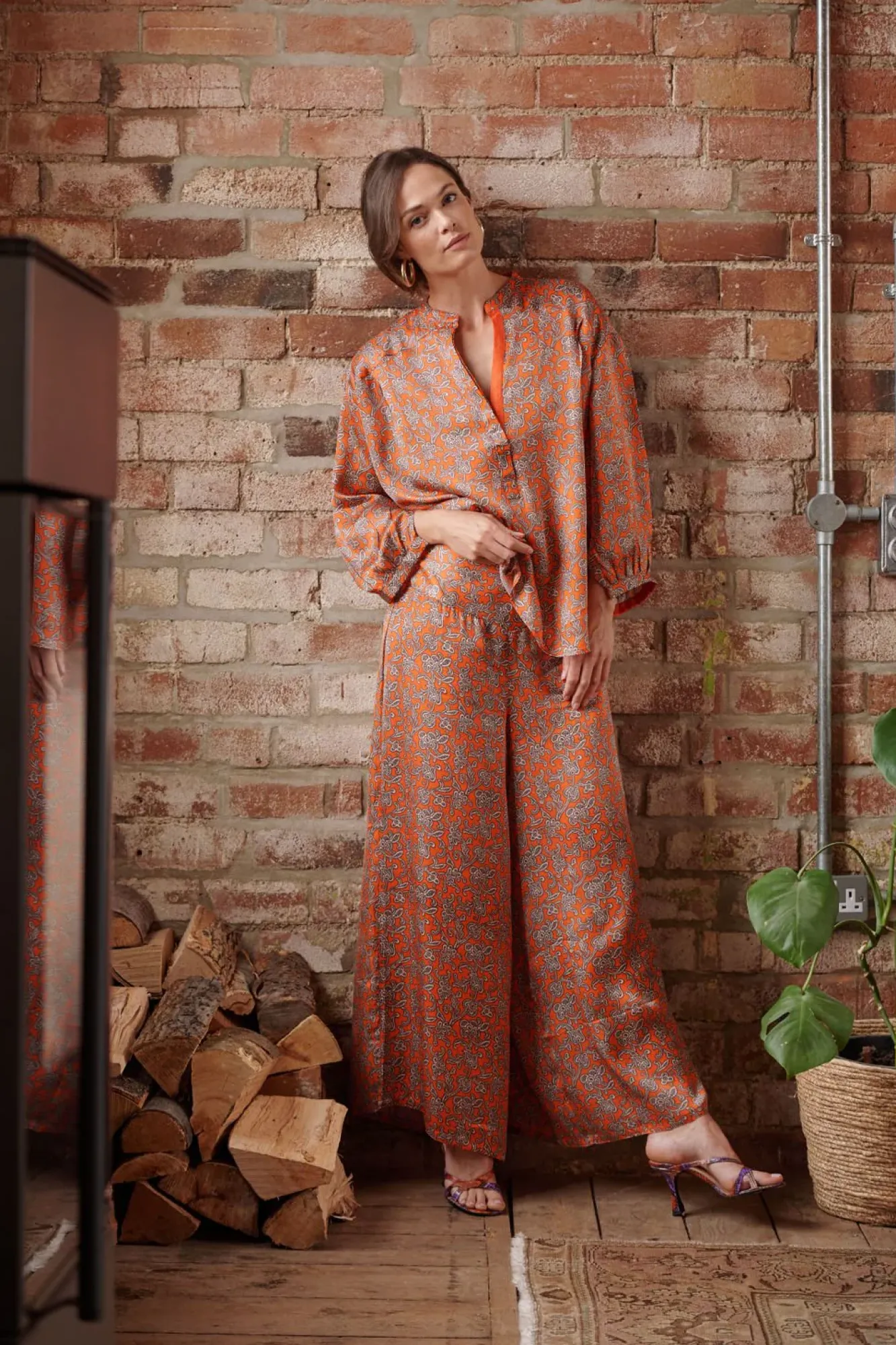 One Hundred Stars Floral Paisley Orange Palazzo Pant|Women Palazzo Pants