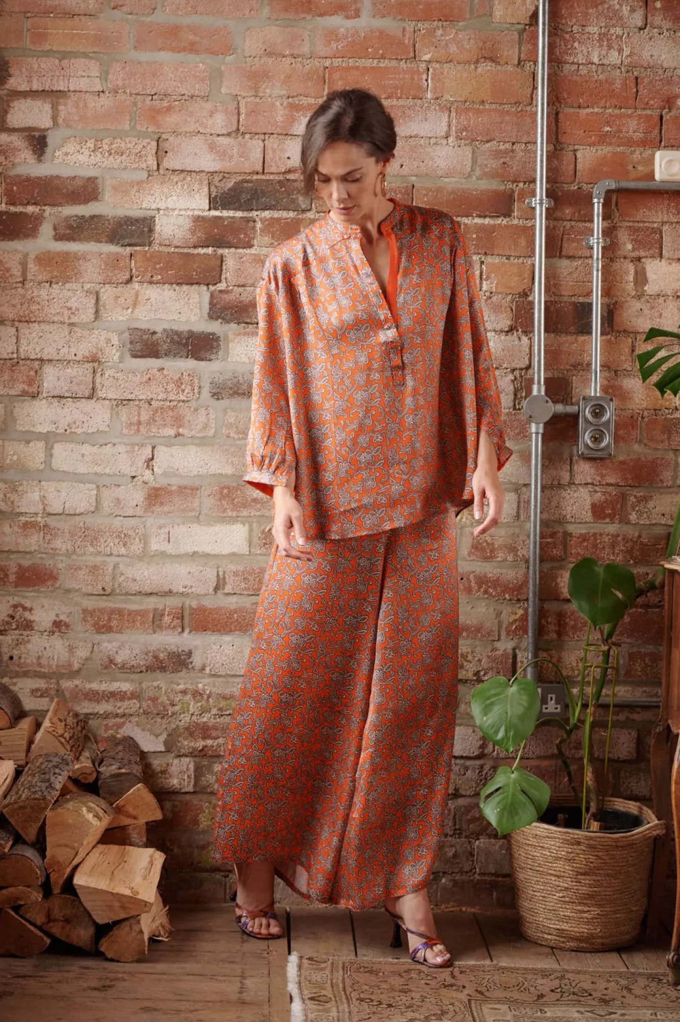 One Hundred Stars Floral Paisley Orange Palazzo Pant|Women Palazzo Pants