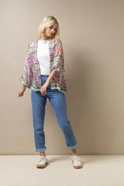 One Hundred Stars Folk Flowers Pink Kimono|Women Short Kimonos