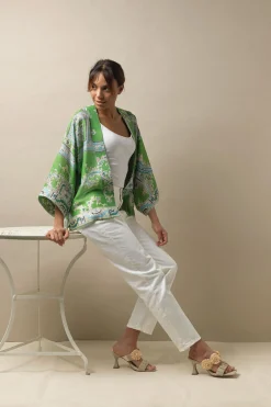 One Hundred Stars Handkerchief Green Kimono|Women Short Kimonos