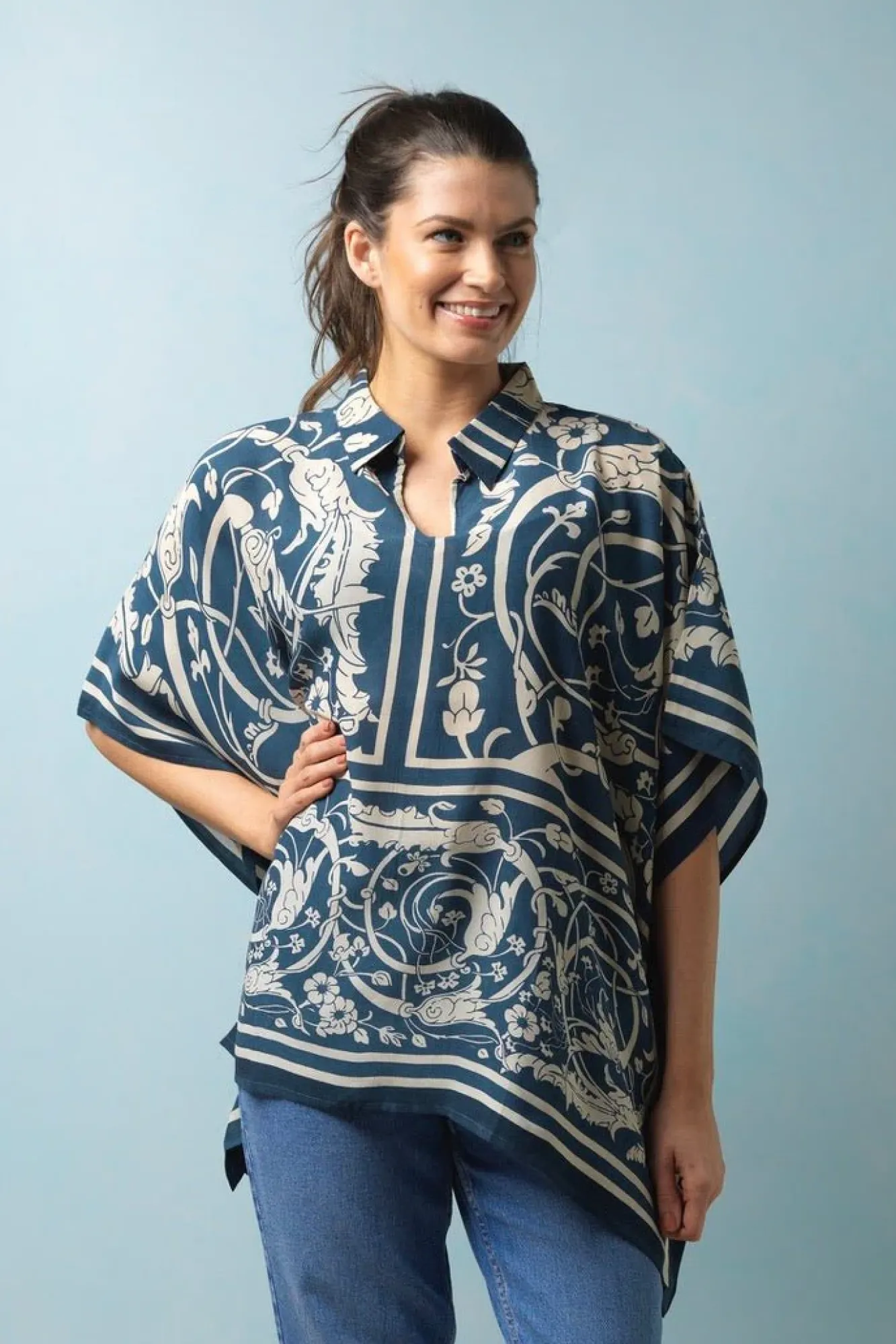 One Hundred Stars Jaipur Blue Tunic Top|Women Tops