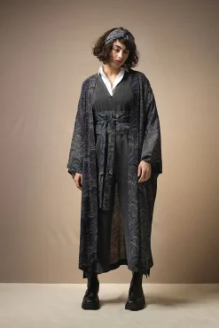 One Hundred Stars Marbled Indigo Crepe Long Kimono|Women Long Kimonos