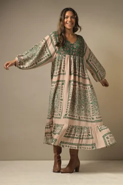 One Hundred Stars Mehndi Green Boho Dress|Women Dresses