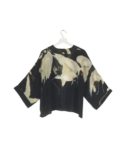 One Hundred Stars Stork Black Crepe Kimono|Women Short Kimonos