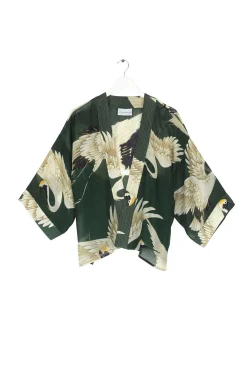 One Hundred Stars Stork Forest Green Kimono|Women Short Kimonos