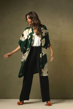 One Hundred Stars Stork Forest Green Midi Kimono|Women Midi Kimonos