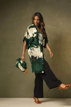One Hundred Stars Stork Forest Green Midi Kimono|Women Midi Kimonos
