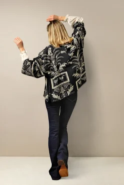 One Hundred Stars Vintage Damask Black Crepe Kimono|Women Short Kimonos