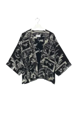 One Hundred Stars Vintage Damask Black Crepe Kimono|Women Short Kimonos