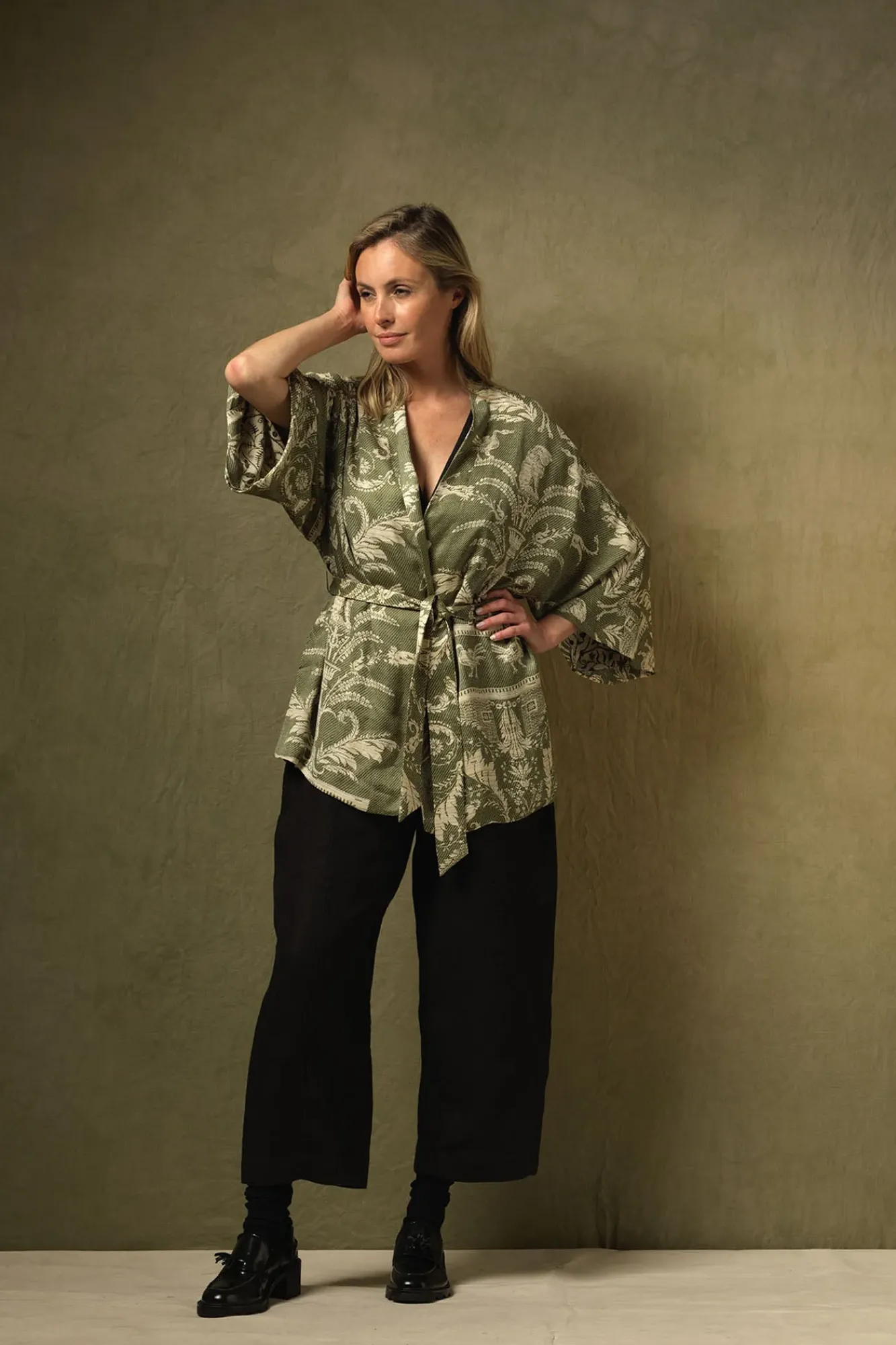 One Hundred Stars Vintage Damask Sage Wrap Jacket|Women Wrap Jackets